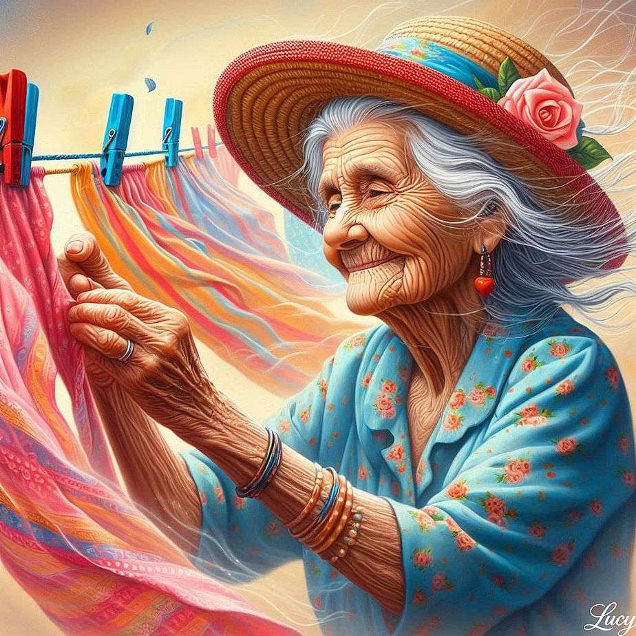 Starsza kobieta przypięła jej pranie puzzle online