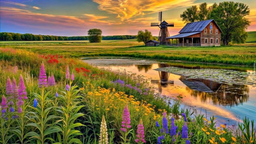 Wiatrak obok domu przy stawie puzzle online