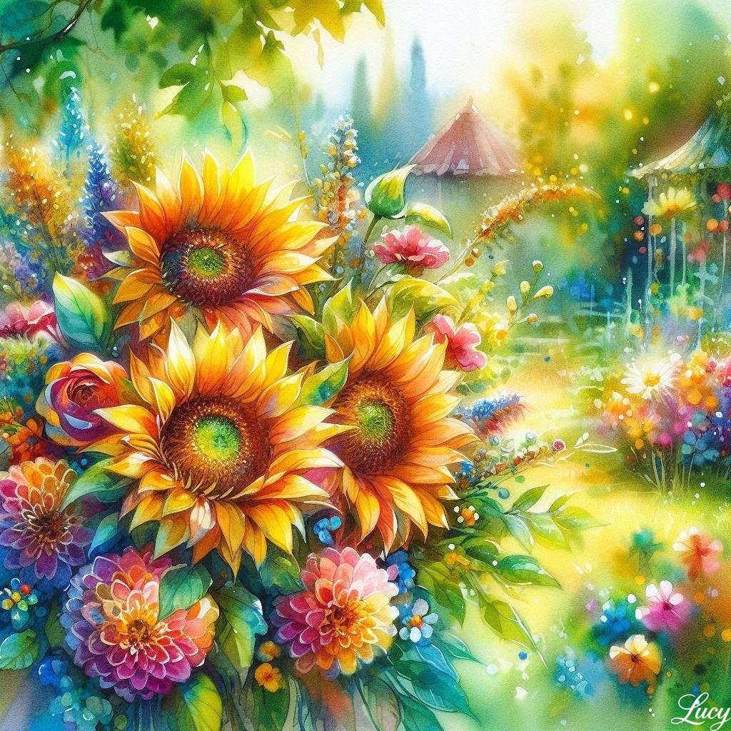 Żywy kwiatowy układ słoneczników puzzle online