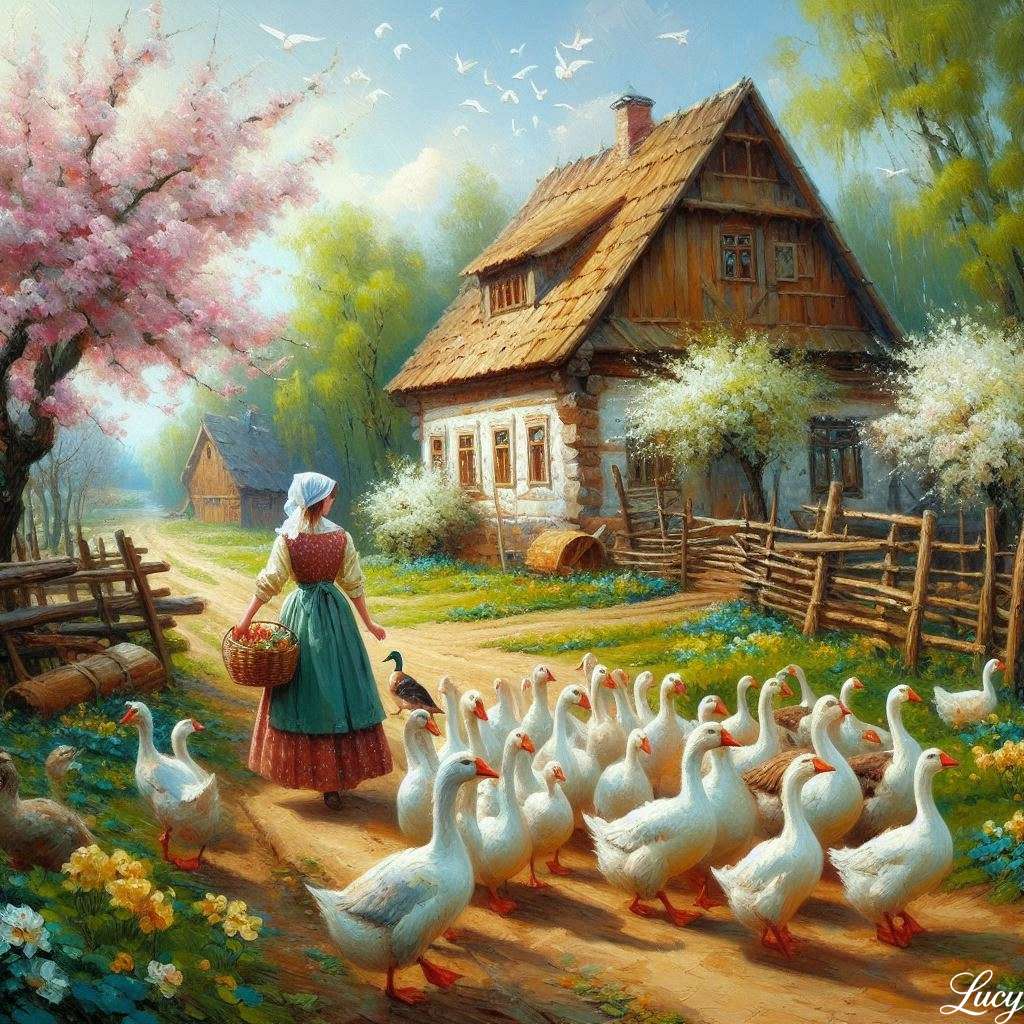 Żona rolnika eskortuje stado gęsi puzzle online