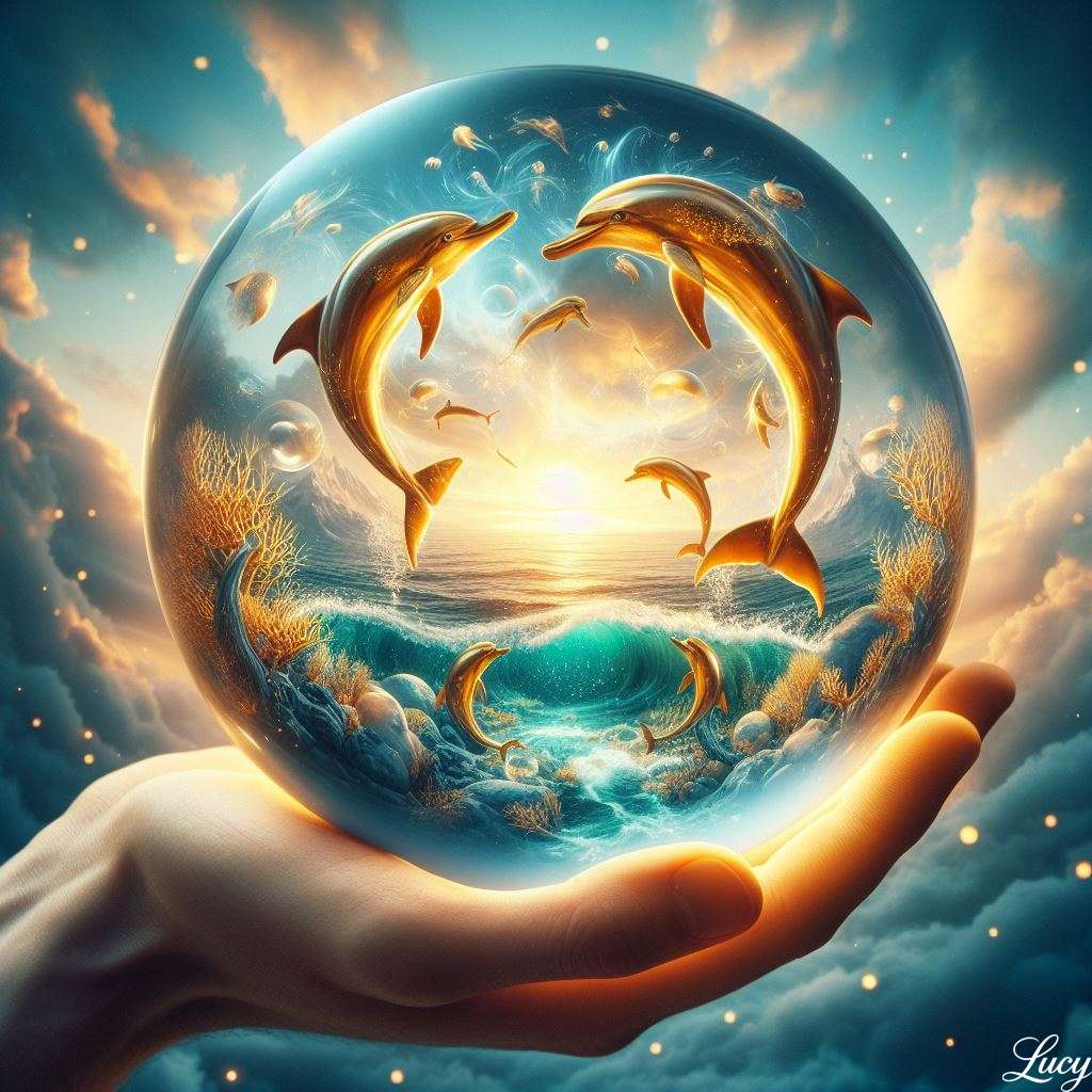 Magiczna scena morska ze złotymi delfinami puzzle online