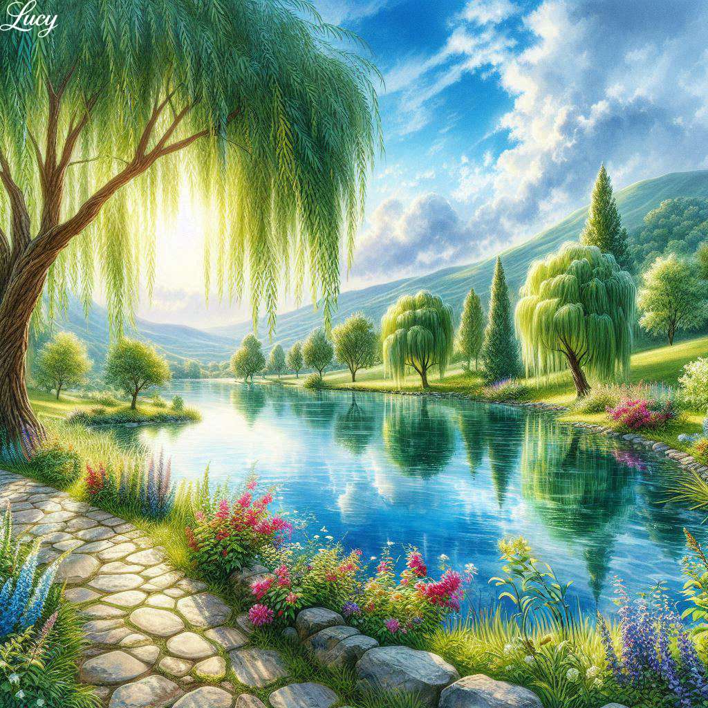 Lakeside oasis bathed in sunlight jigsaw puzzle online
