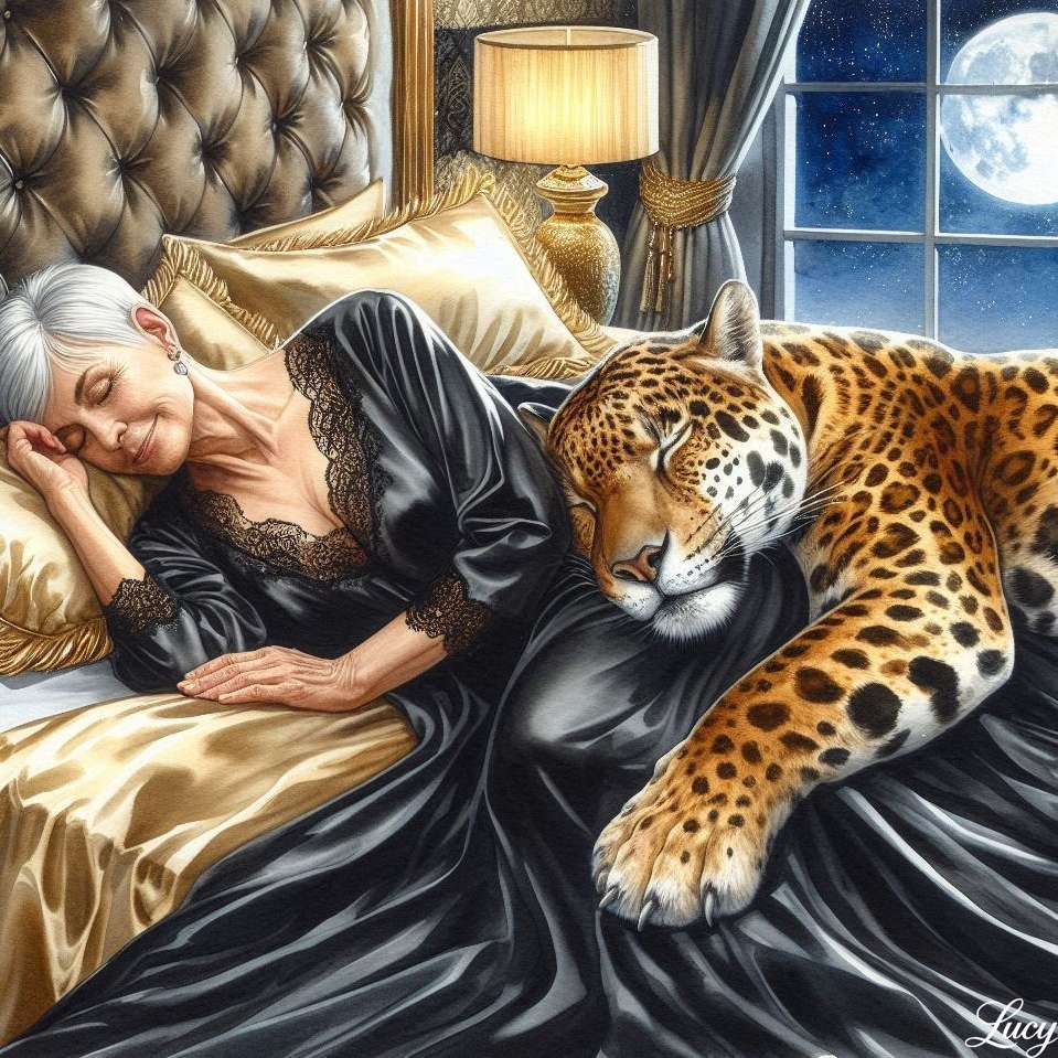 Spanie dodatkowego surrealistycznego Jaguara na luksusowym łóżku puzzle online