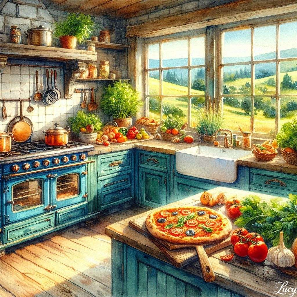 A sunlit kitchen with rustic charm online puzzle
