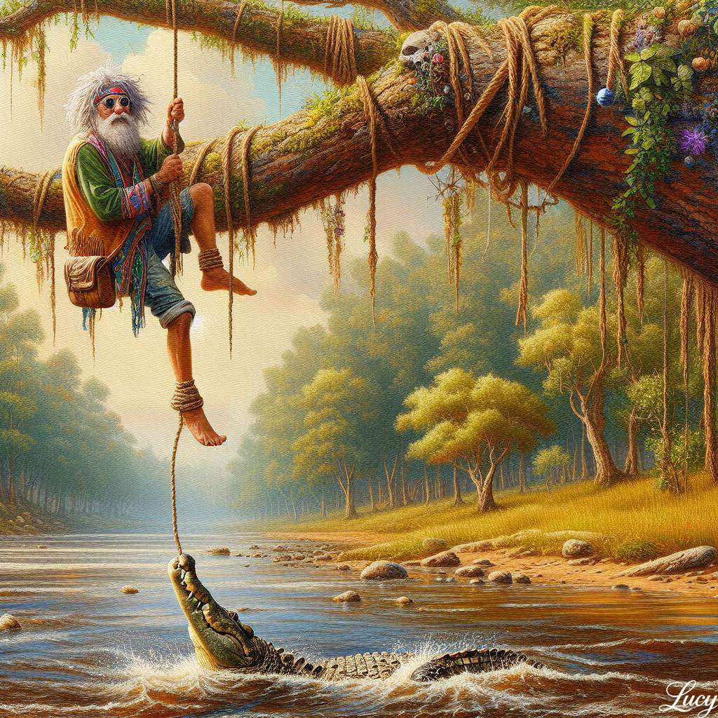 Hippie bărbat în vârstă atârnat pe o frânghie jigsaw puzzle online