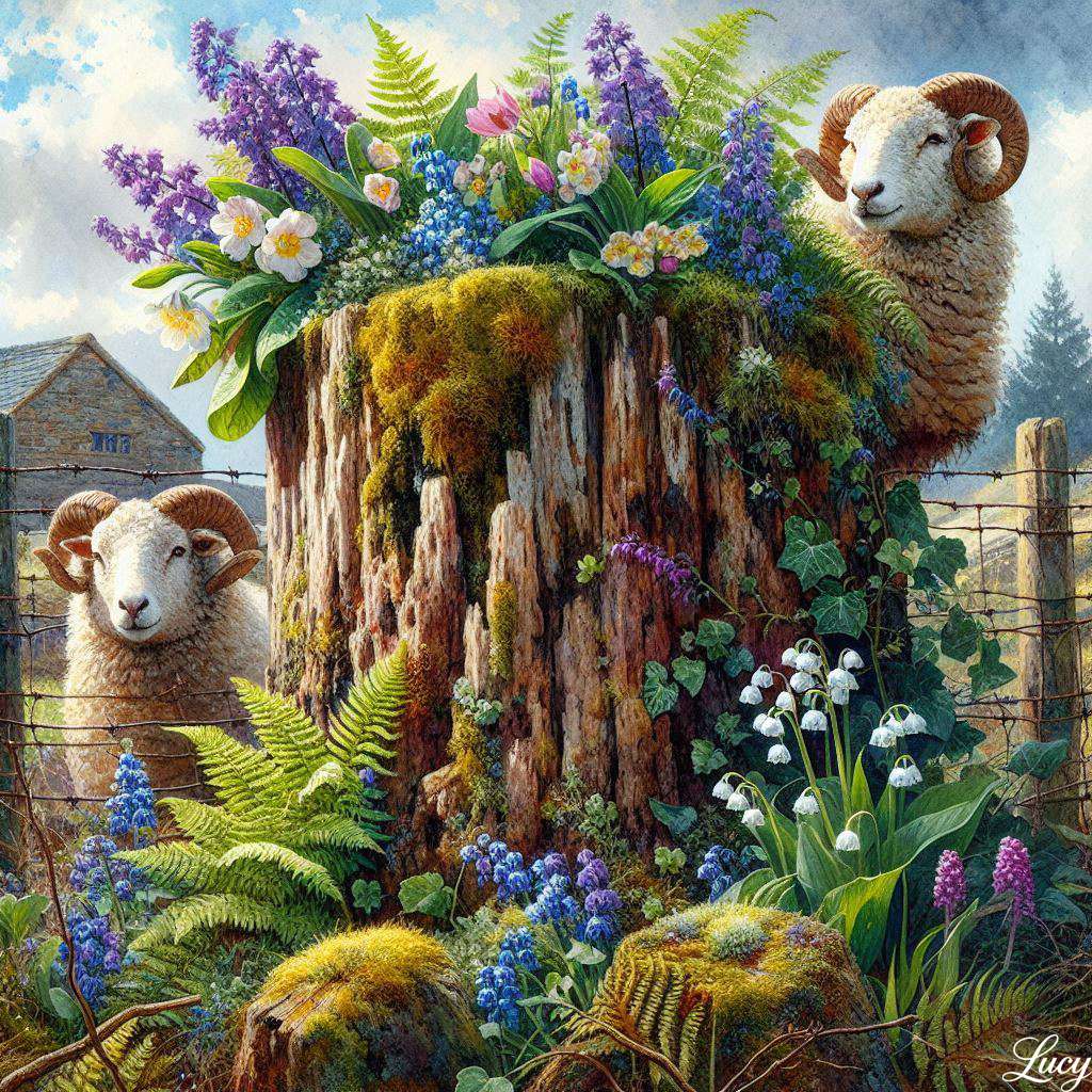 Ferme, primroses, jonches bleues, lys de la vallée puzzle en ligne