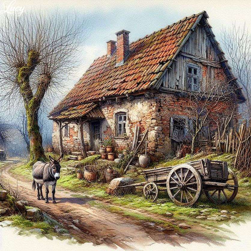 Osioł w pobliżu zrujnowanego domu puzzle online