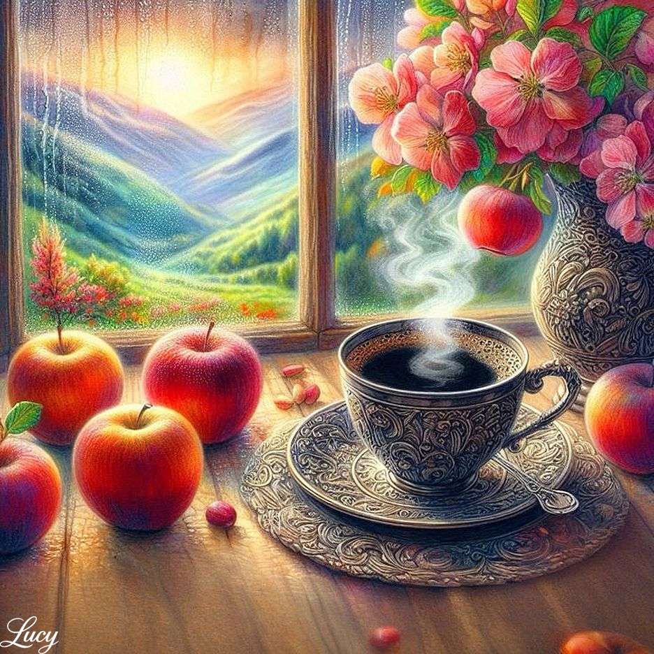 Pommes et café dans un jour de pluie puzzle en ligne