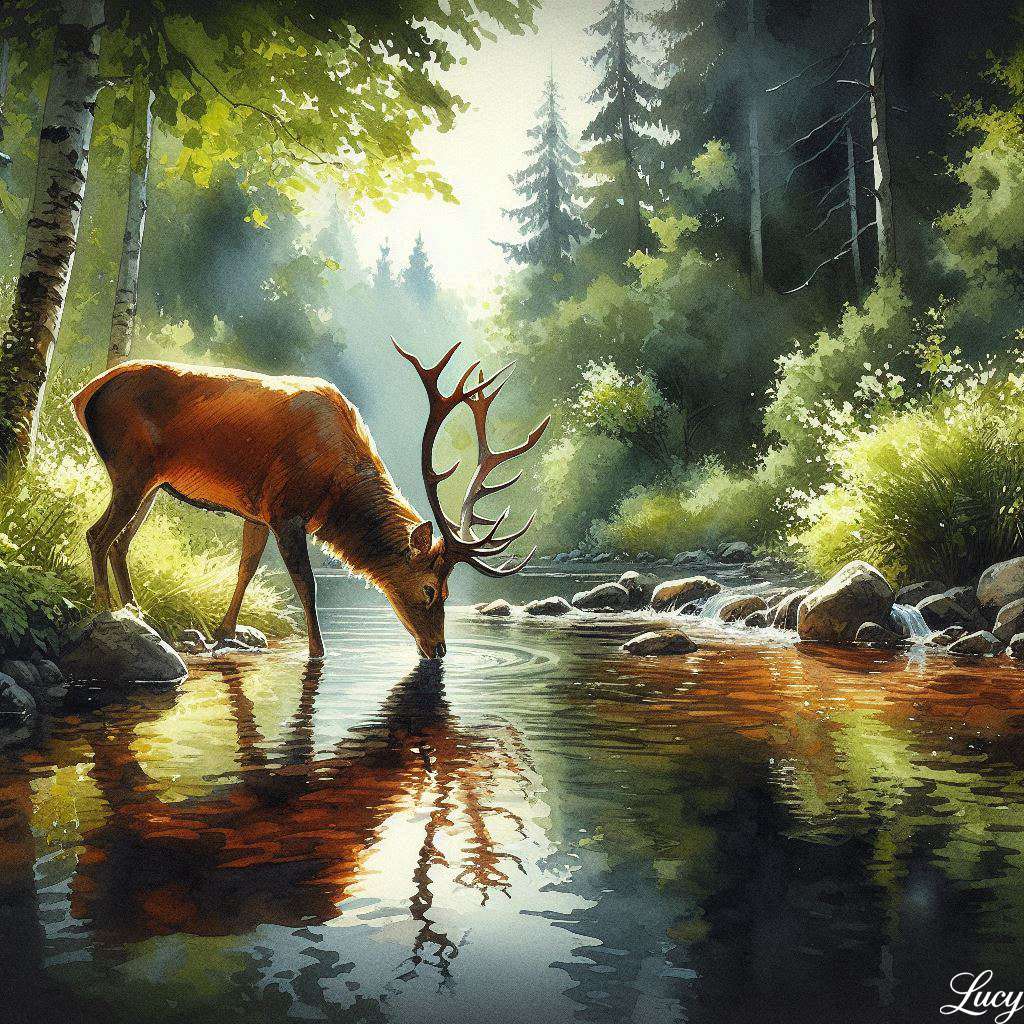 Majestic jeleń pije wodę z spokojnej rzeki puzzle online