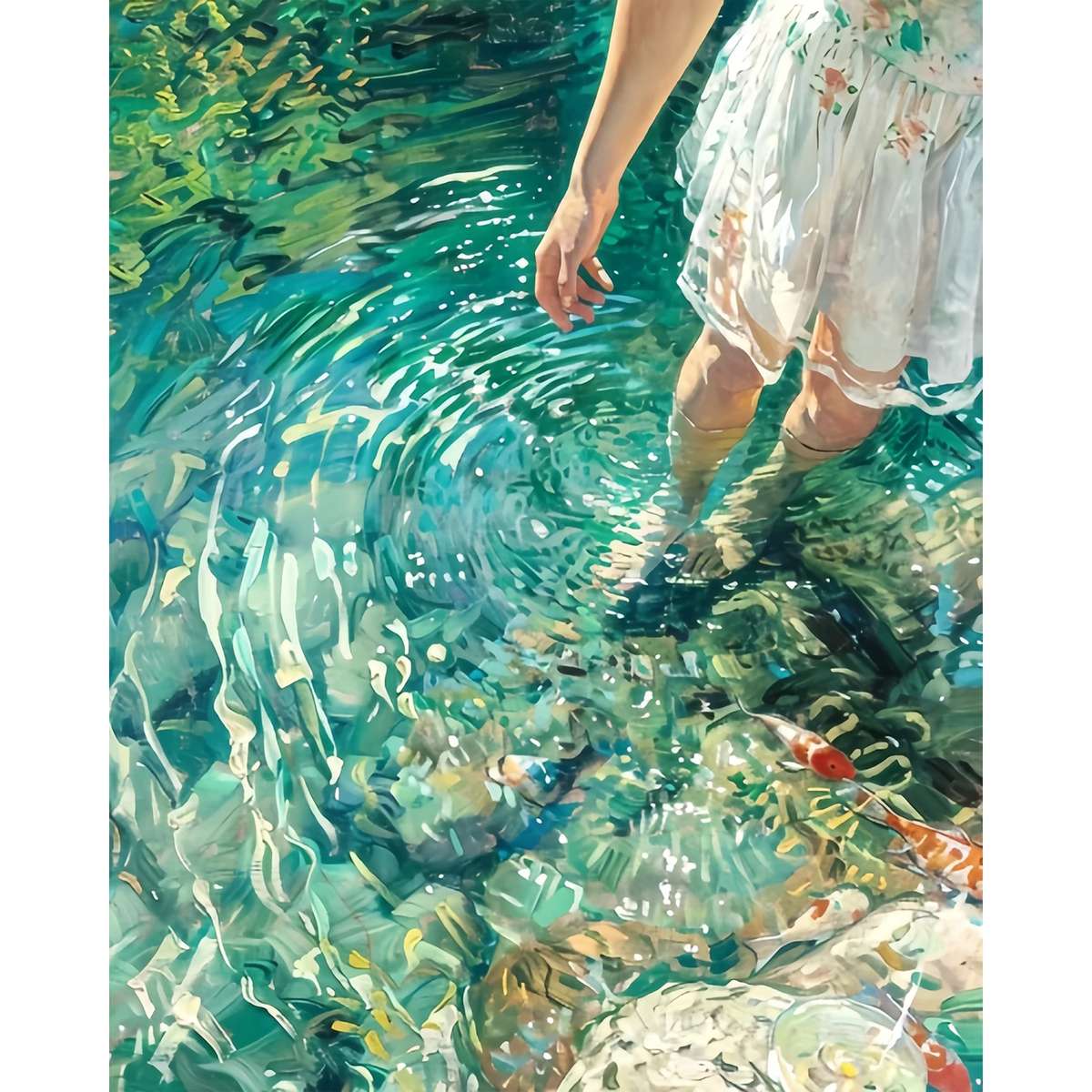 patauger dans un ruisseau avec du poisson koi puzzle en ligne