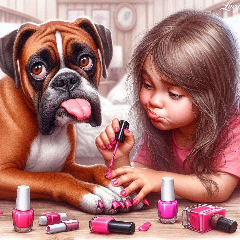 Mała dziewczynka maluje jej głupie paznokcie psa puzzle online
