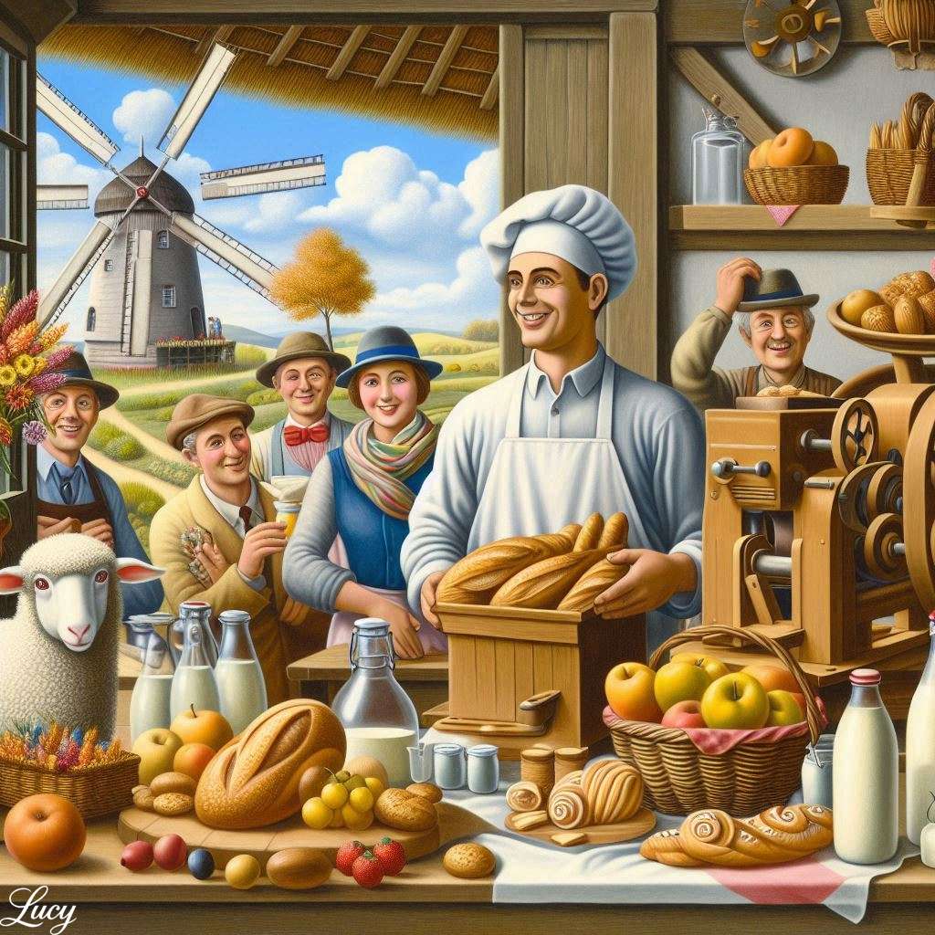 Bakery rustico con alcuni abitanti del villaggio allegri puzzle online