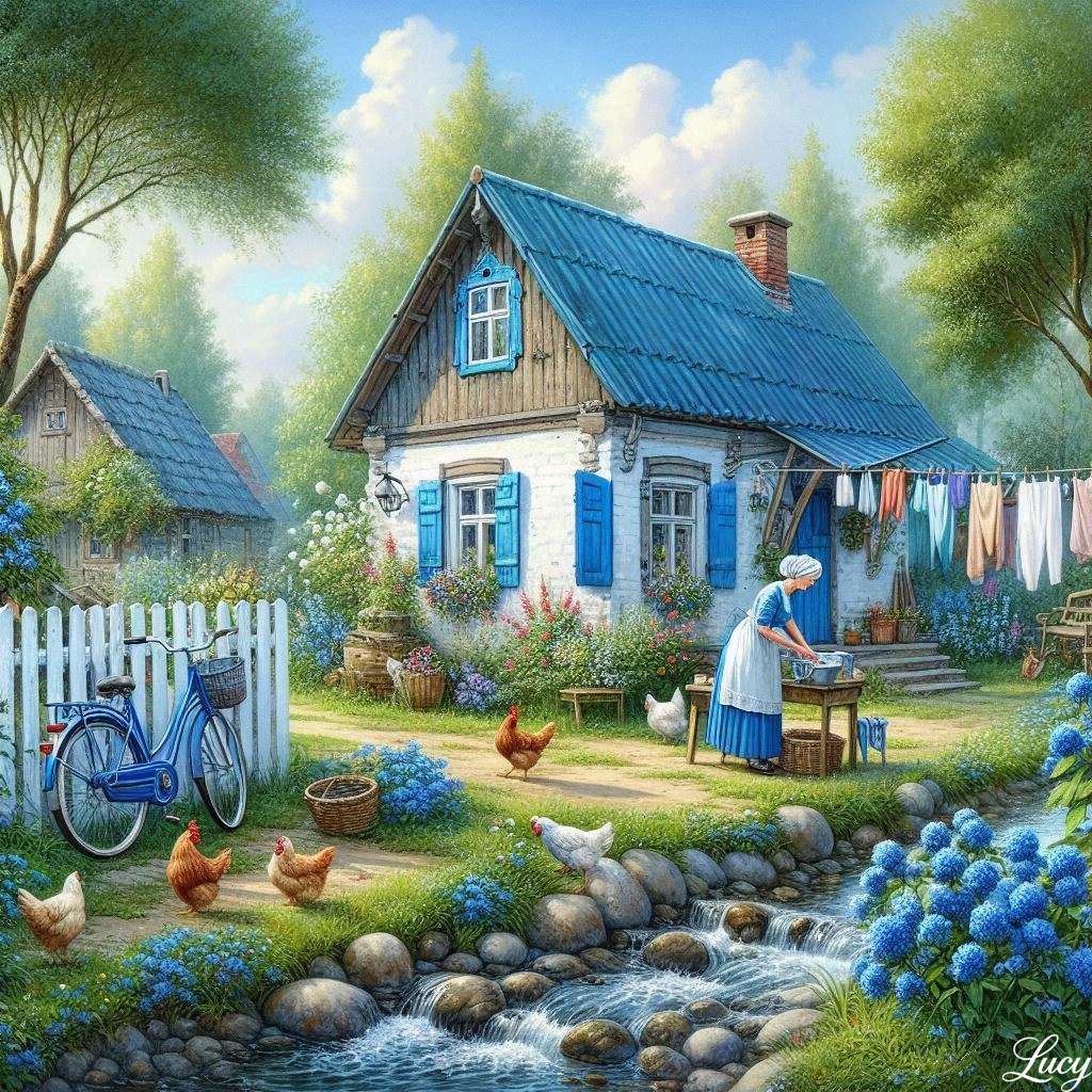 Rustykalny domek z niebieskimi okiennicami i niebieskim dachem puzzle online