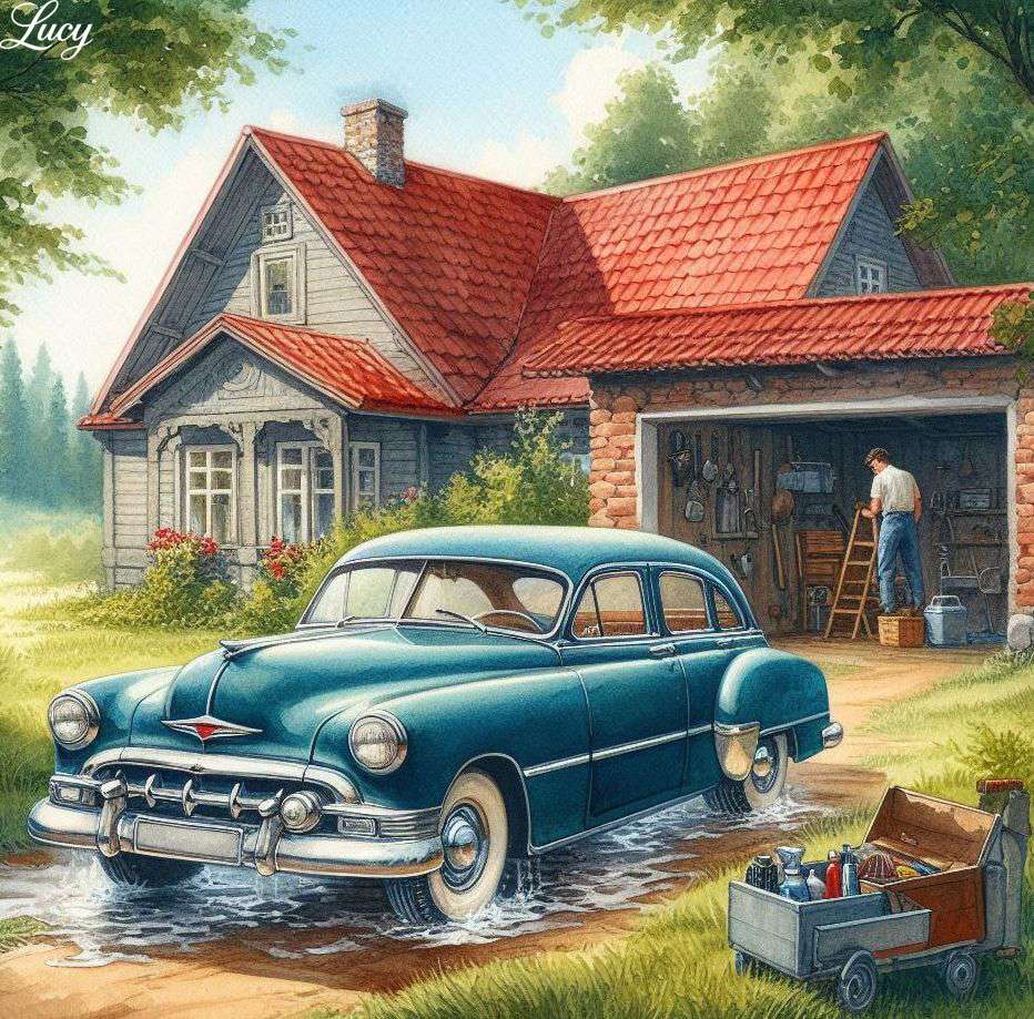 Klasyczny niebieski samochód dostaje kochające mycie puzzle online