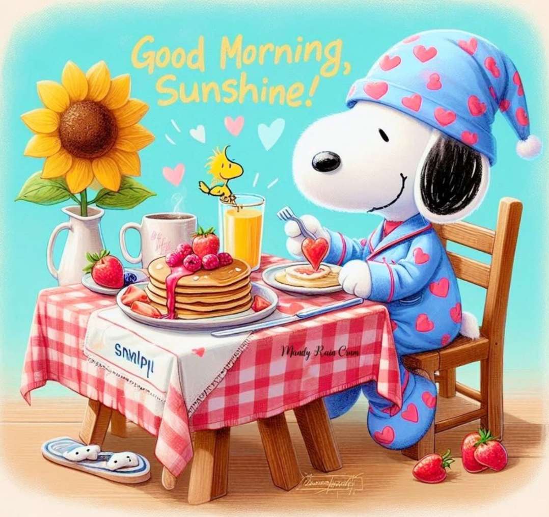 Snoopy ma naleśniki i truskawki na śniadanie puzzle online