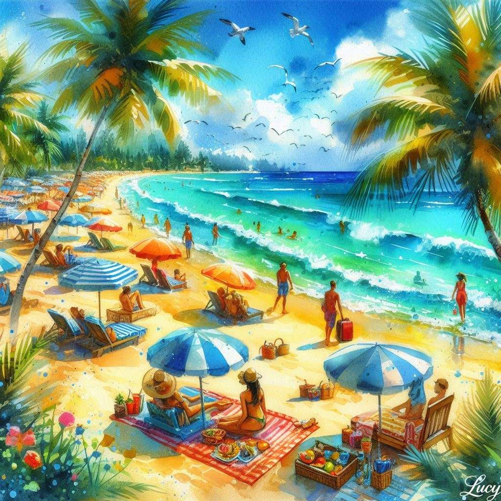 Trecha de praia tropical sob céus azuis vívidos quebra-cabeças online