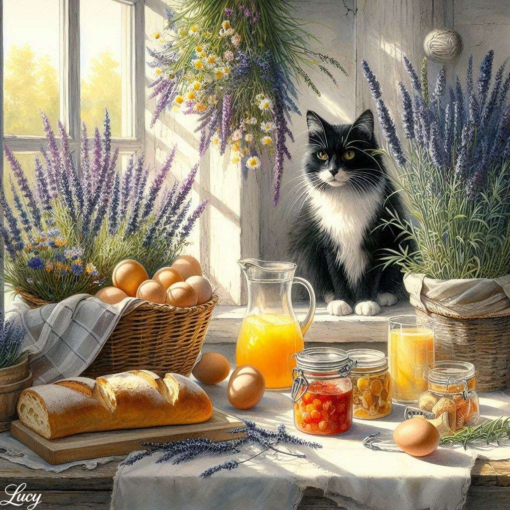 Rustikale Küche mit einer charmanten schwarz -weißen Katze Online-Puzzle