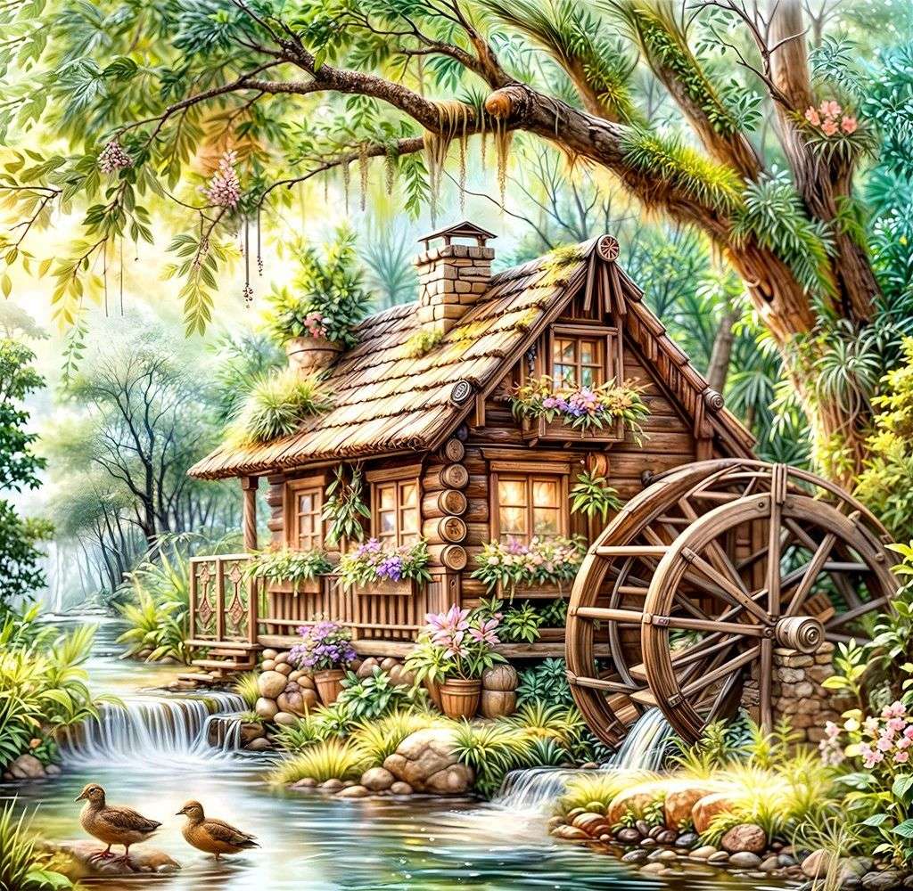 Drewniany dom z kołem wodnym puzzle online