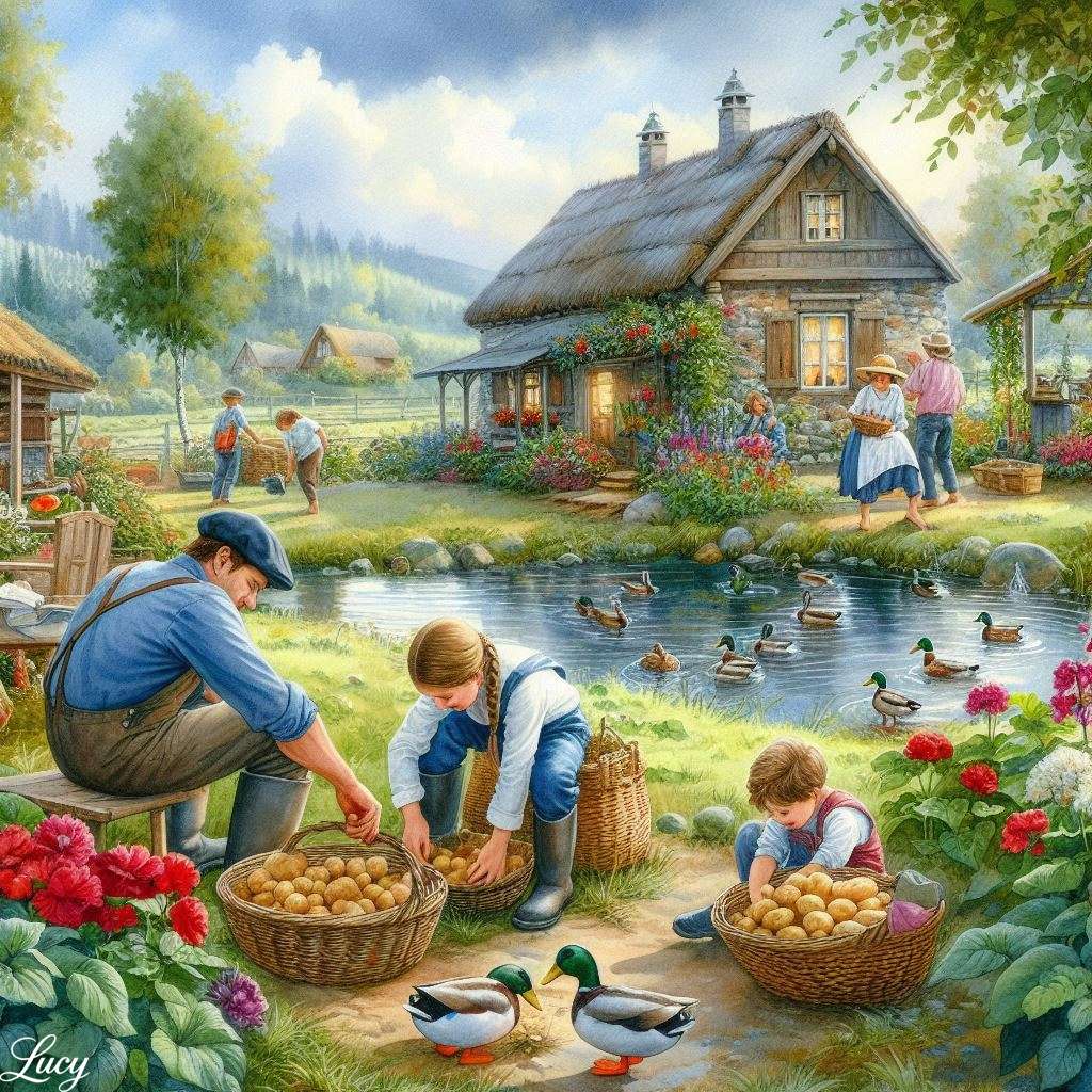 Rodzina zaangażowana w codzienne zajęcia rolne puzzle online