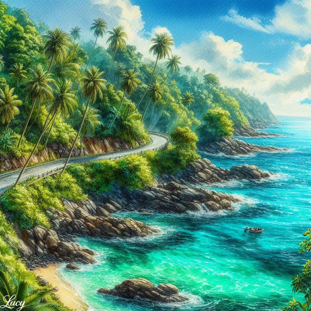 Turkusowy ocean rozciąga się wzdłuż góry puzzle online