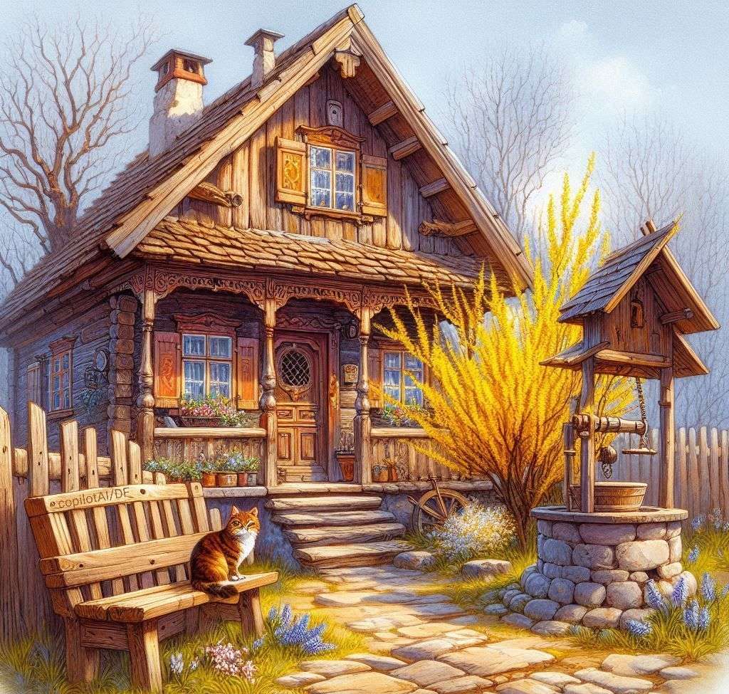 Piękny dom z studnią z przodu puzzle online