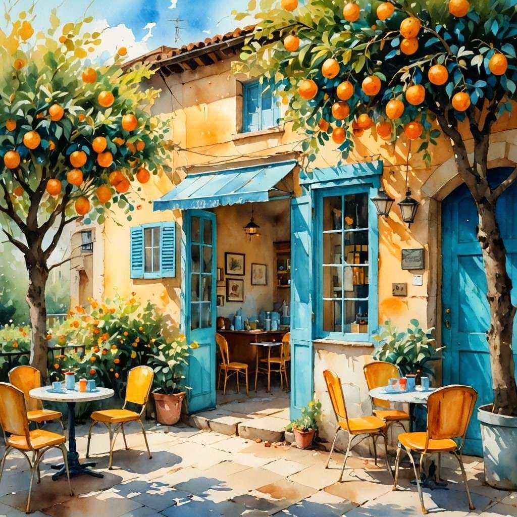 Dom z pomarańczowymi drzewami z przodu puzzle online