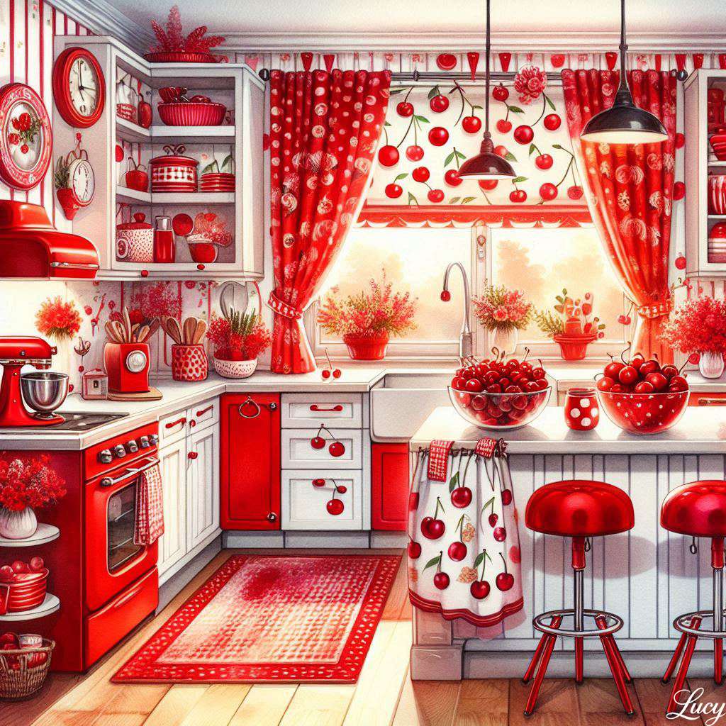 Kuchnia zalana w motyw wiśni puzzle online