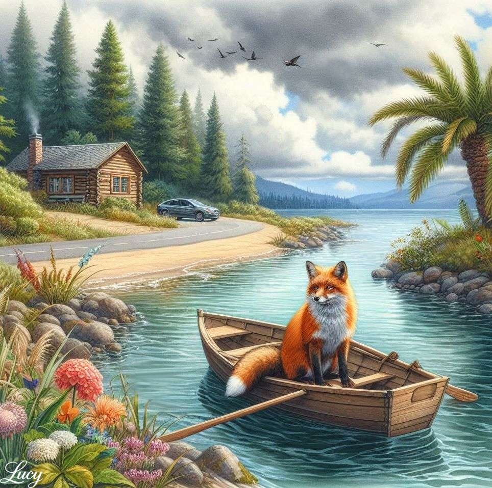 Una volpe seduta su una piccola barca su un fiume puzzle online