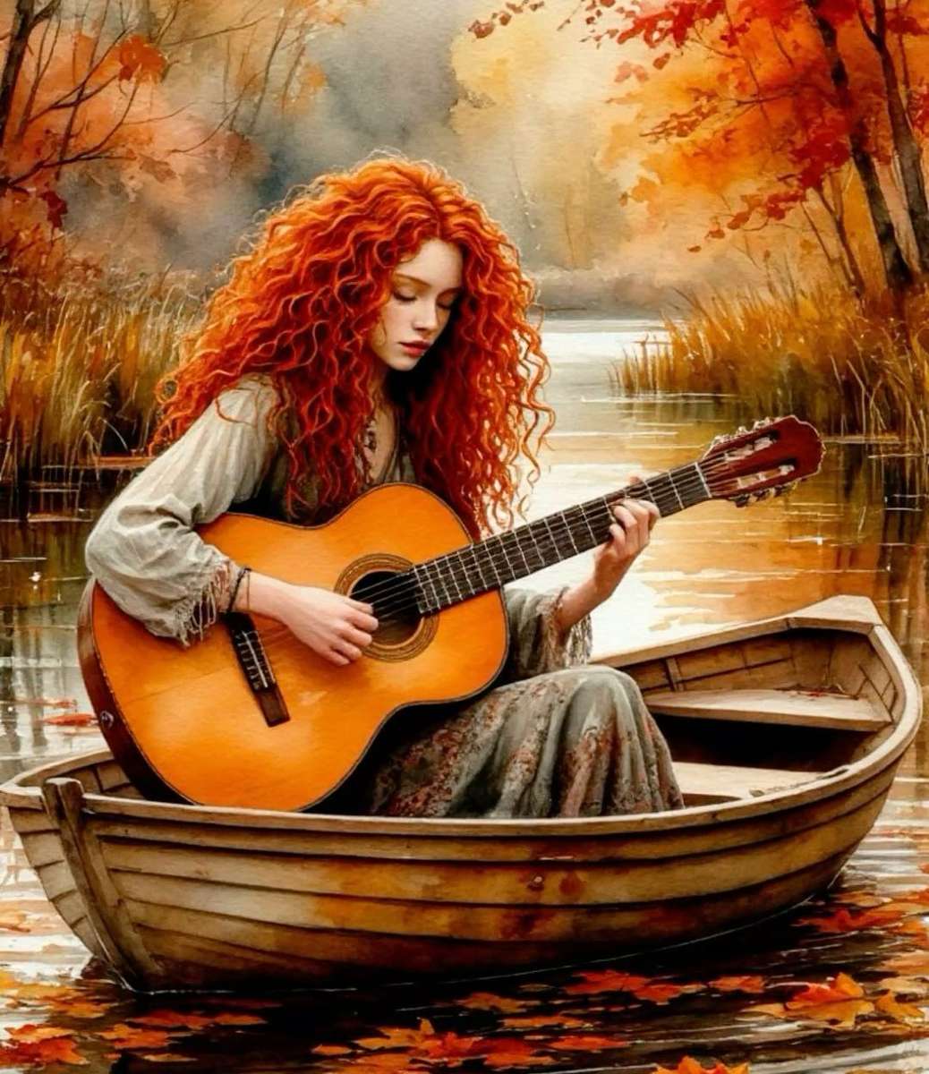 Una ragazza suona la chitarra in una barca puzzle online