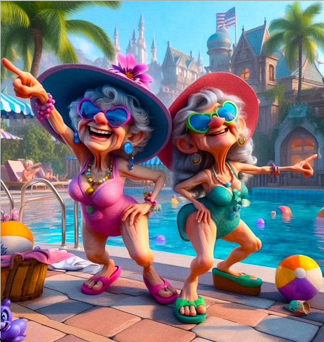Babcia Sturi tańczą przy basenie puzzle online