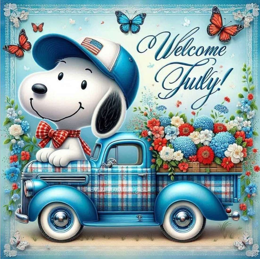 Snoopy wita lipiec w swojej kraciastej ciężarówki puzzle online