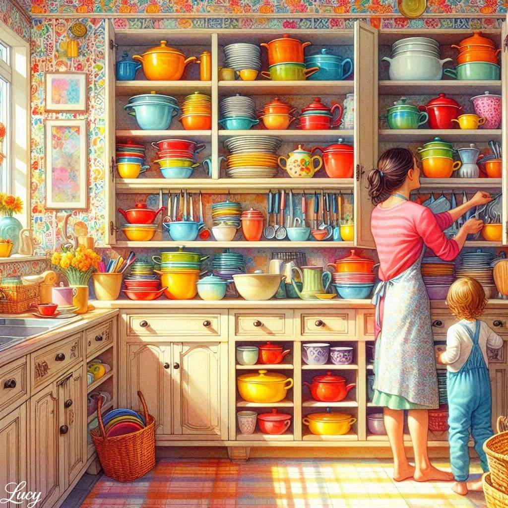 Kuchnia wypełniona kolorowymi naczyniami puzzle online