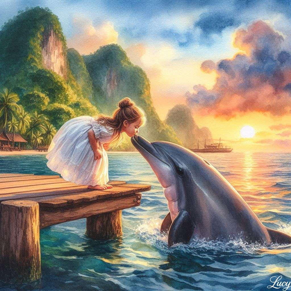 Se penche avec amour pour embrasser un dauphin amical puzzle en ligne