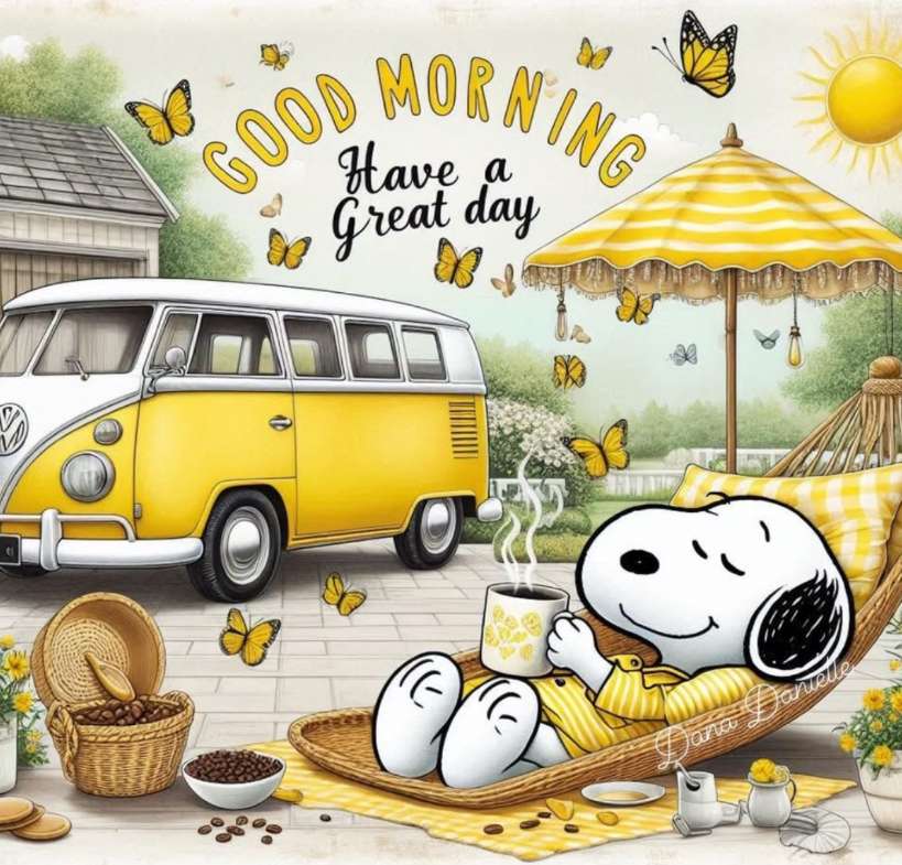 Snoopy relaxa com um café perto de seu ônibus VW quebra-cabeças online