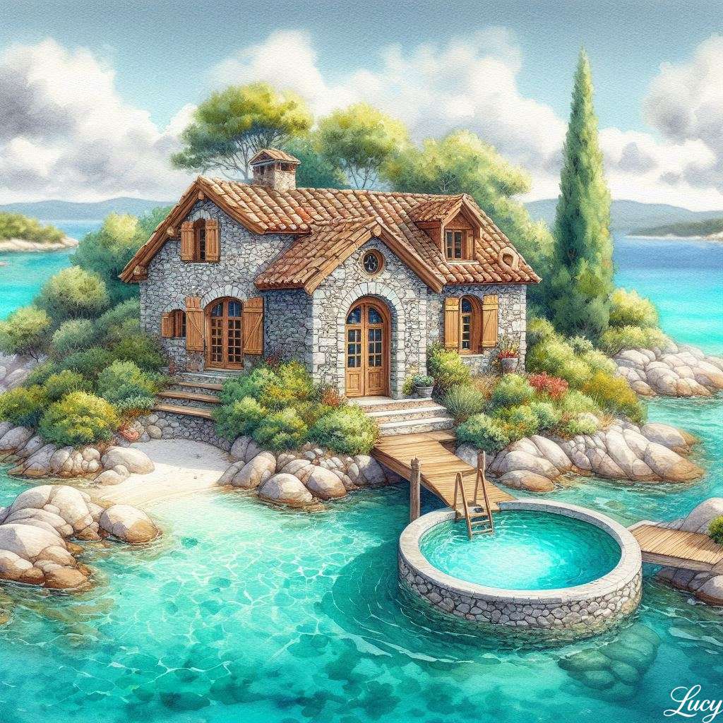 Stone Cottage spoczywa na małej, bujnej wyspie puzzle online