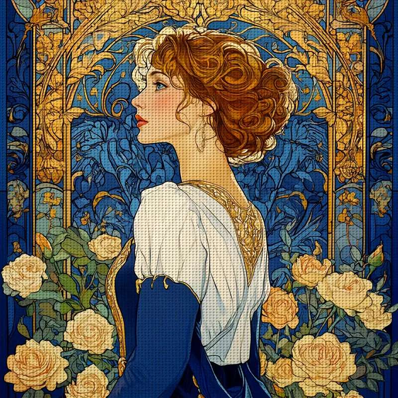 Nő és rózsák - Art -deco online puzzle