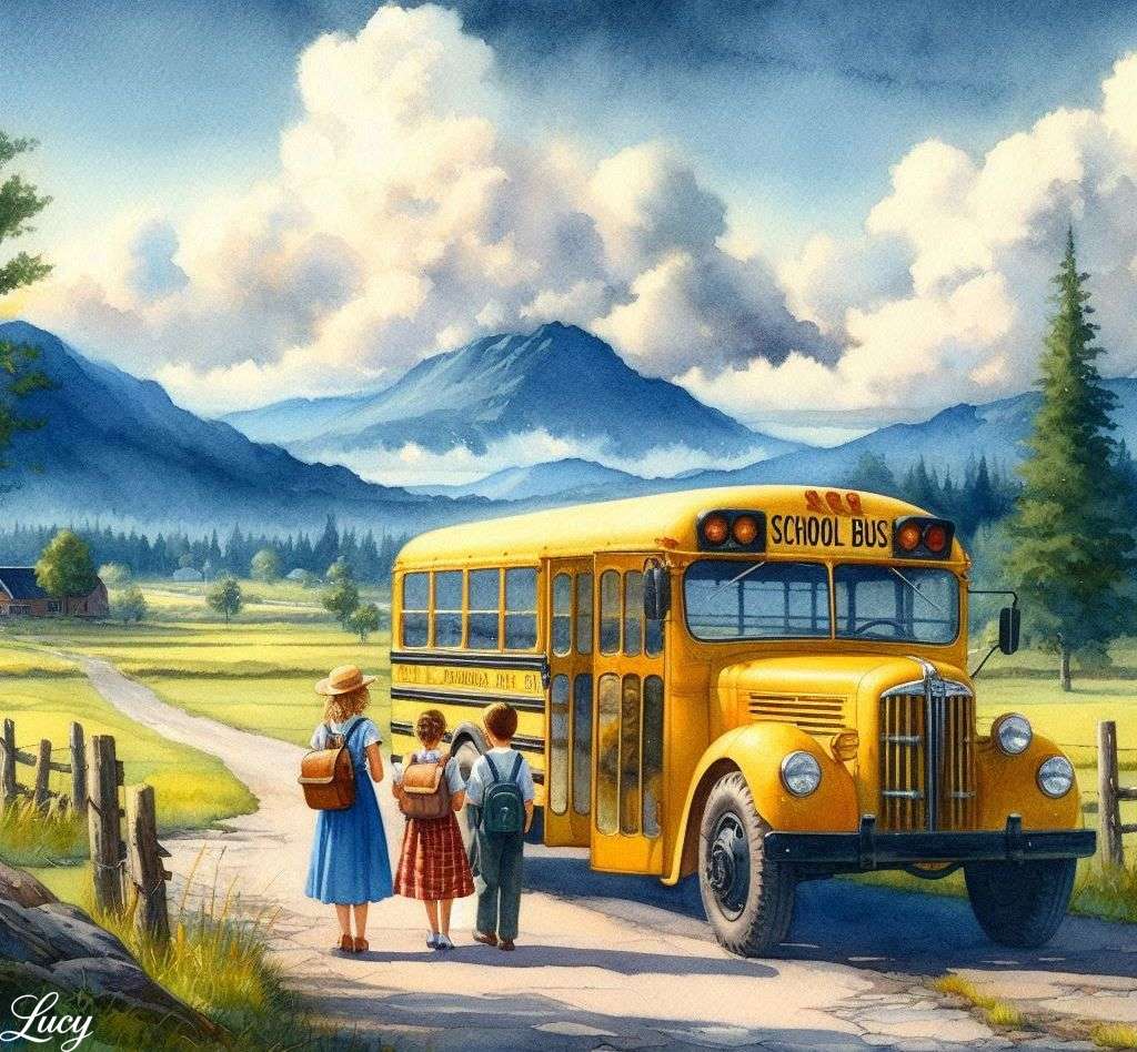 Zaparkowane przez vintage żółte autobus szkolny puzzle online