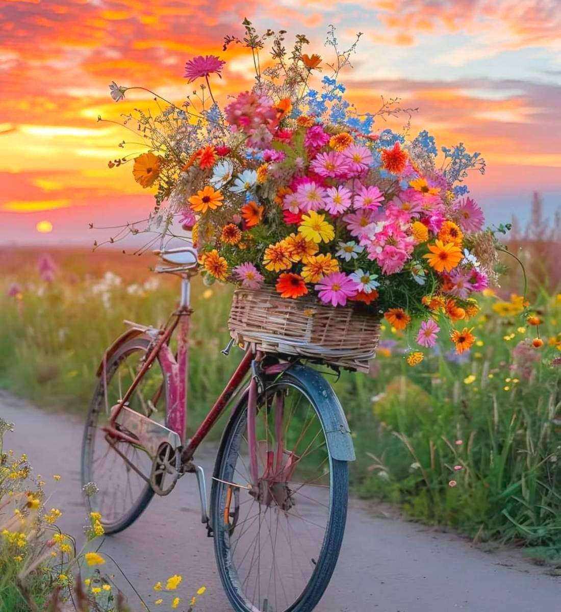 Med en cykel i blomsterfältet Pussel online