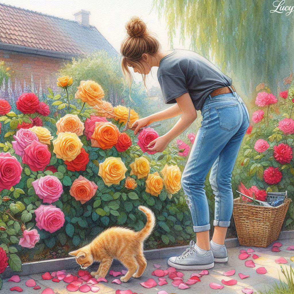 Le petit chaton joue avec des pétales de rose tombés puzzle en ligne