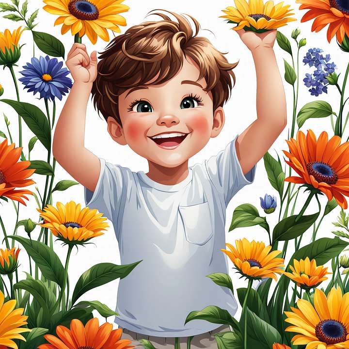 Szczęśliwy chłopiec w kwiatach puzzle online