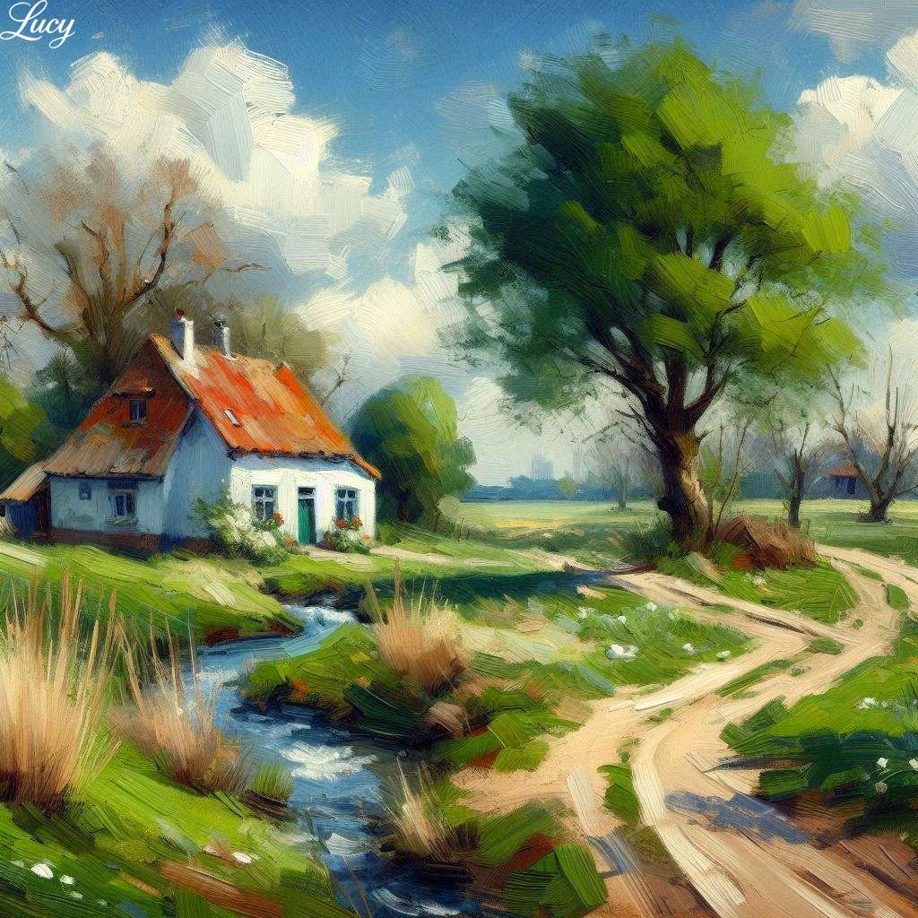 Petit chalet blanc à côté d'un chemin de terre sinueux puzzle en ligne