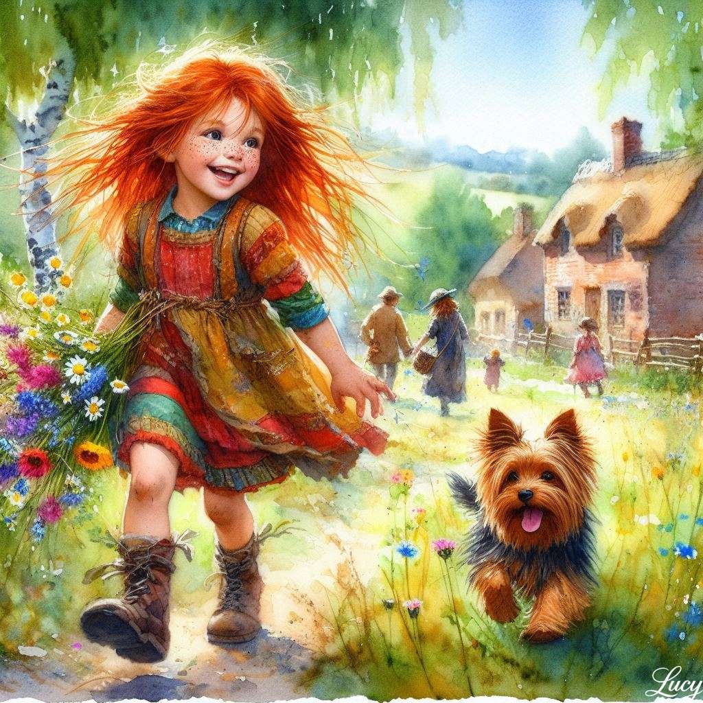 Fille aux cheveux roux aux côtés d'un terrier gai puzzle en ligne