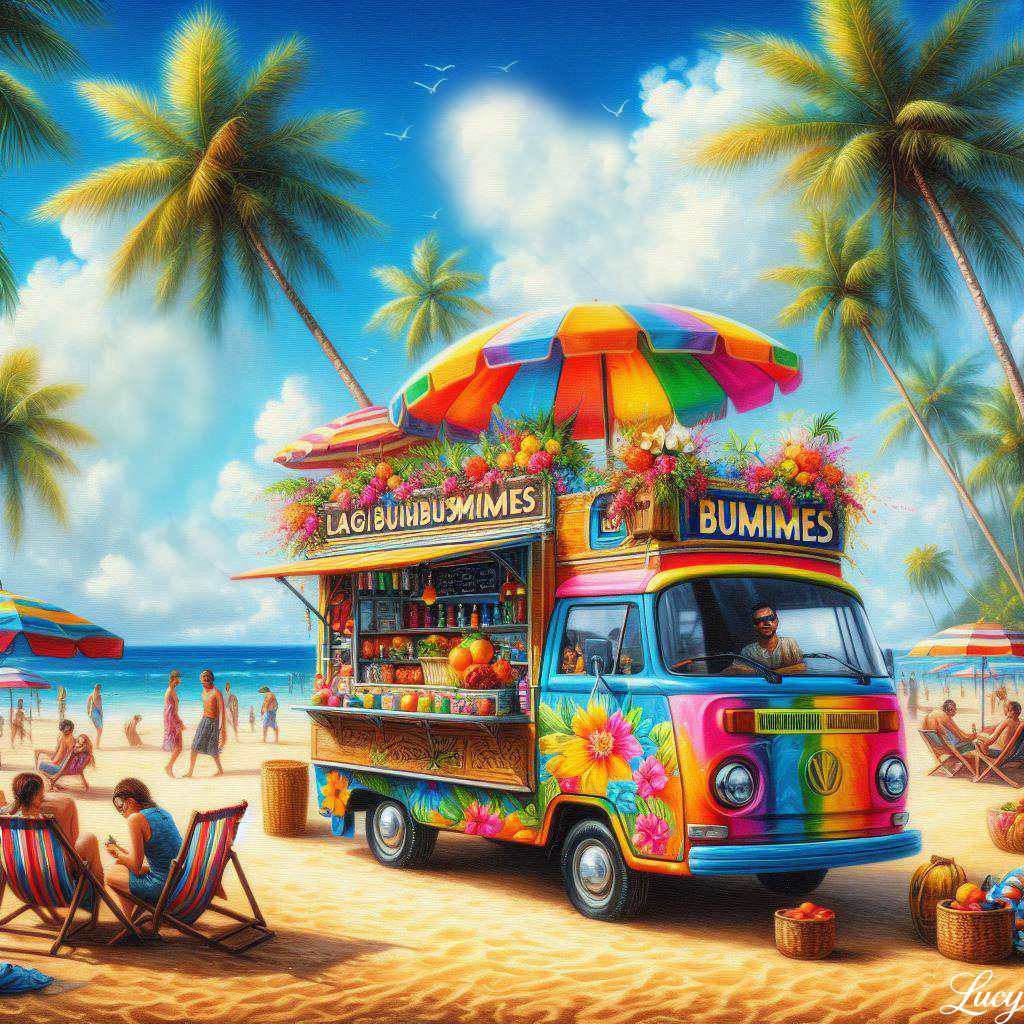 Truck di cibo colorato parcheggiato su sabbia dorata puzzle online