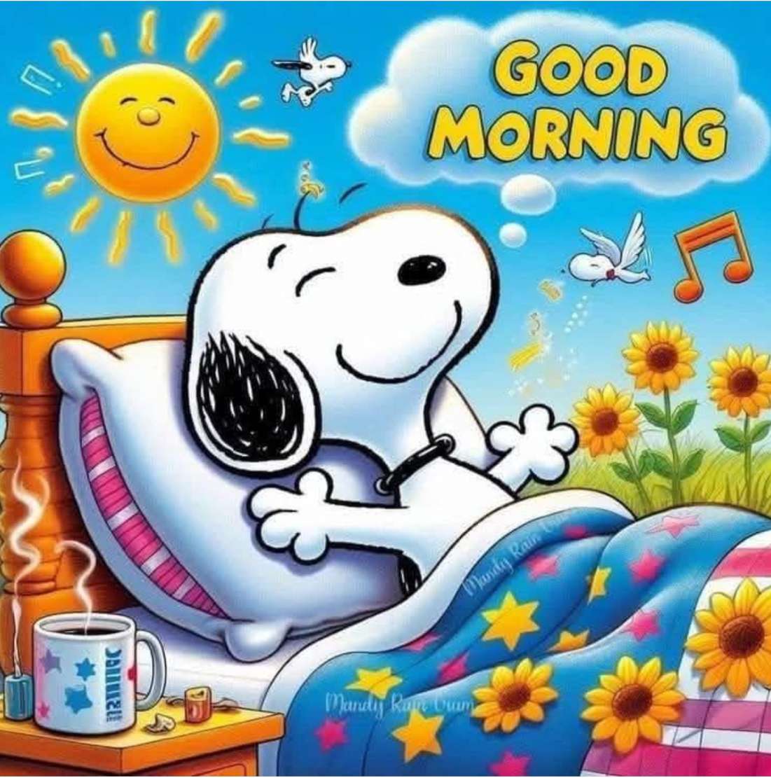Snoopy acorda para café, pássaros cantores e sol quebra-cabeças online