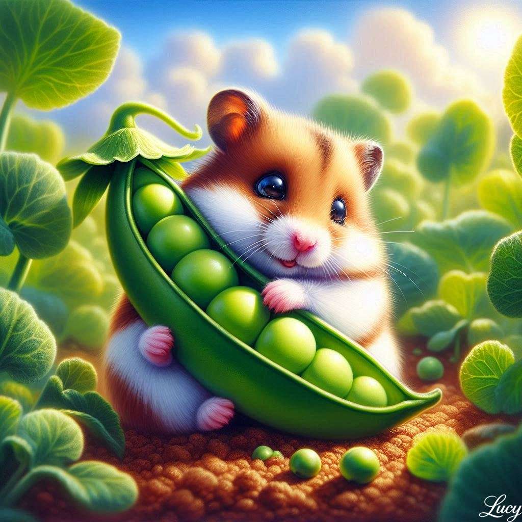 Hamster abraça uma vagem gigante de ervilha verde puzzle online