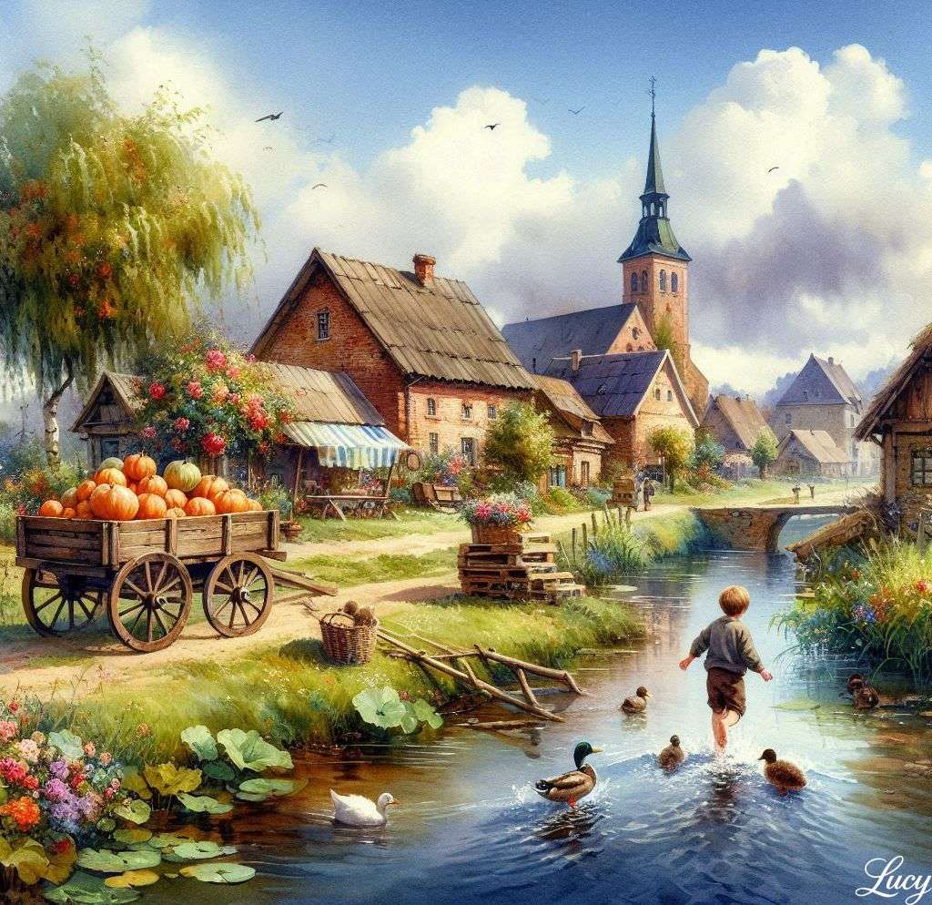 A tranquil village path winds past stone cottages jigsaw puzzle online