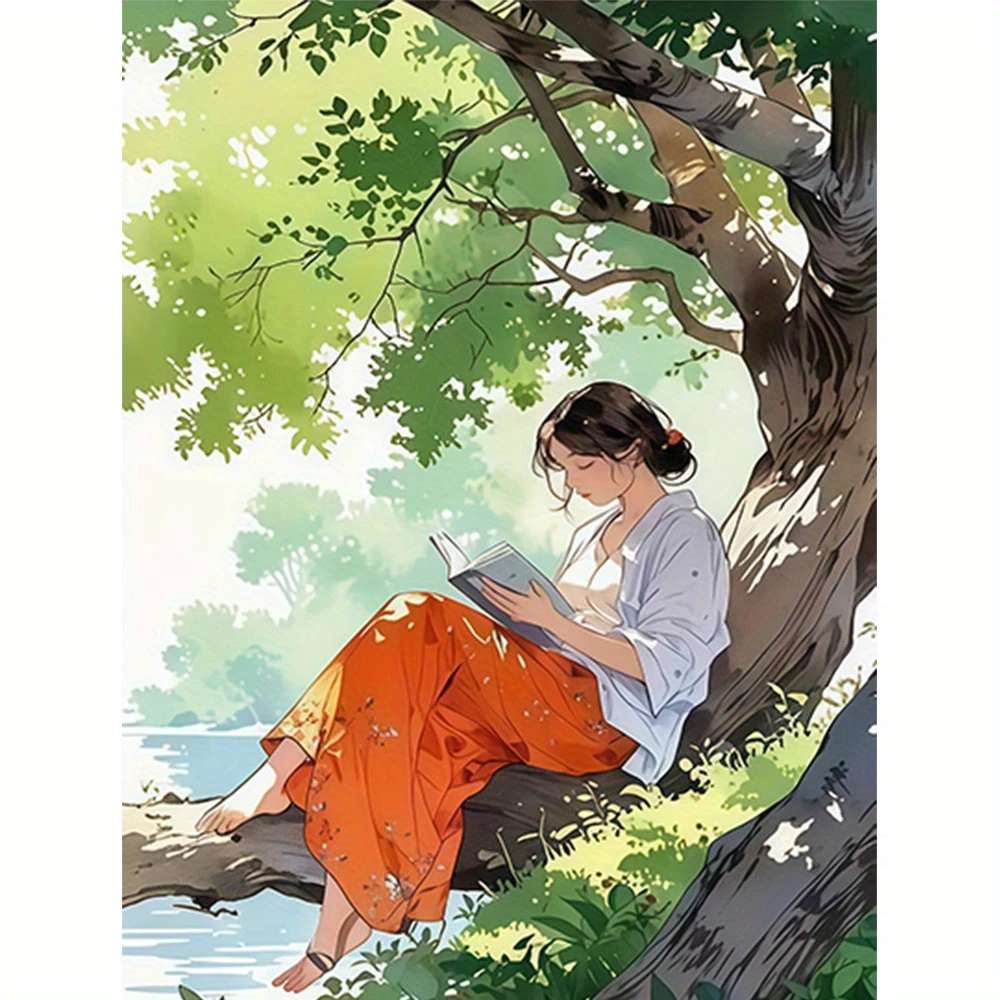 A girl reading a book in the shade of a tree jigsaw puzzle online