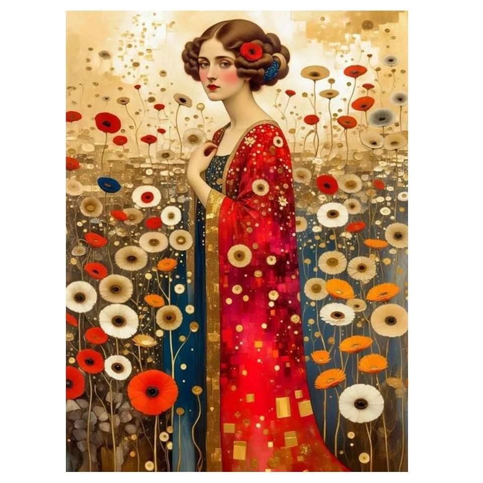 kobieta w czerwonej sukni w stylu art-deco puzzle online