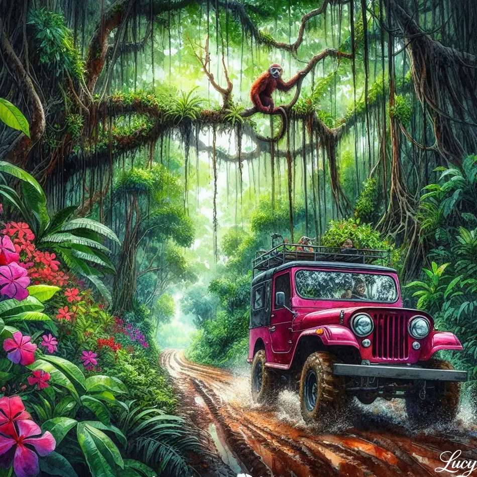 Jeep beczki w błotnistym szlaku dżungli puzzle online