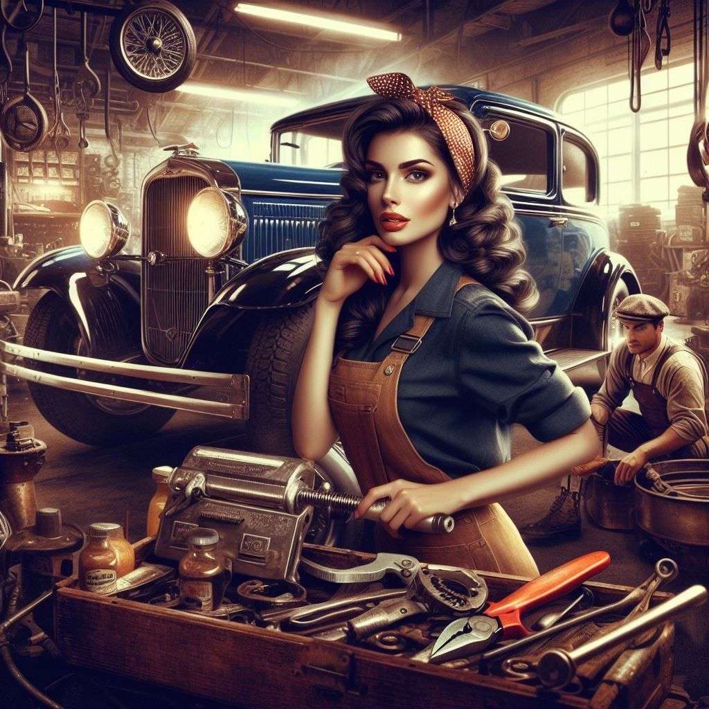 Vintage car mechanic female puzzle online